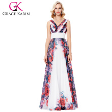 Grace Karin 2017 Sleeveless V-Neck Chiffon Flower Pattern Long Evening Party Dress 7 Size US 4~16 GK000133-1